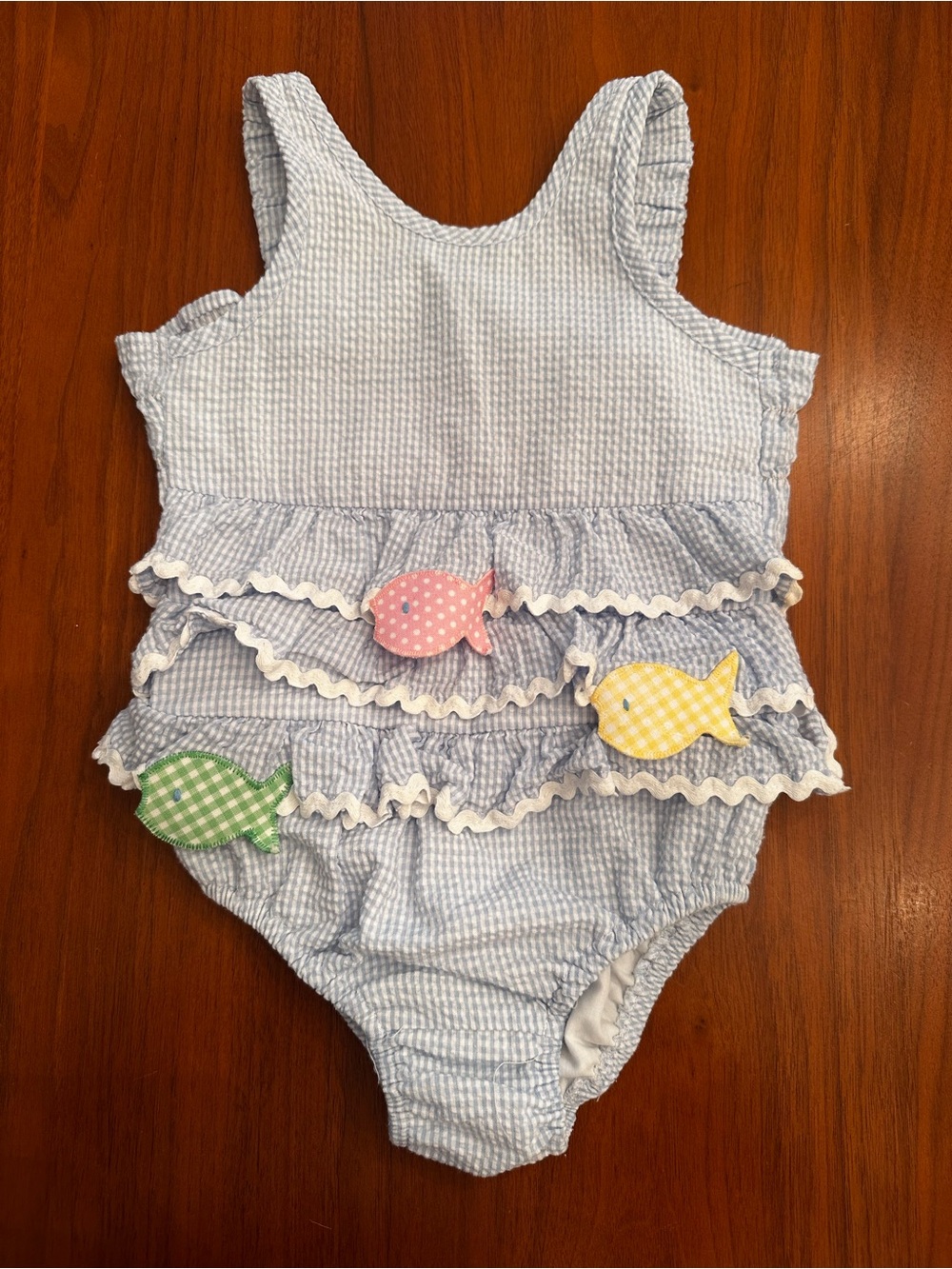 Girls Blue Seersucker SmockedRuffle One-Piece Swimsuit with Colorful Fish size 4